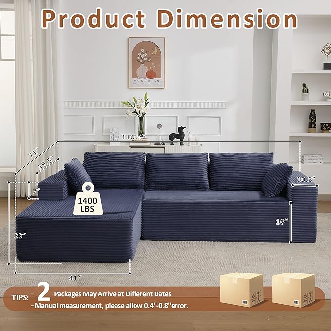 WUTUTUEE 110" Boneless Sectional Couch with Chaise Lounge, Cloud Couch Compressed Sofa L Shape, No Assembly Memory Foam Sofa for Living Room, Blue Corduroy