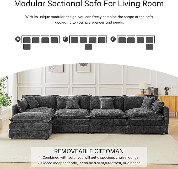 saows Modular Sectional Sofa, 147.2 Inch L Shaped Couch Set with Armrests, 4-Seater Comfy Cloud Couches with Movable Ottoman for Living Room Apartment, Grey
