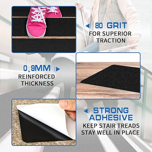 LadyRosian Outdoor Stair Treads Non Slip 10-Pack Black 6" x 24" - Weather Resistant Adhesive Heavy Grip Tape - Waterproof Anti Skid Strips
