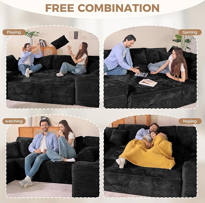 136'' Large Sectional Cloud Couches with Chaise, U Shaped Boneless Sofa Bed with Ottoman, No Assembly Required Deep Seat Modular Lounge for Living Room 4PCS Set, Bedroom(Black)
