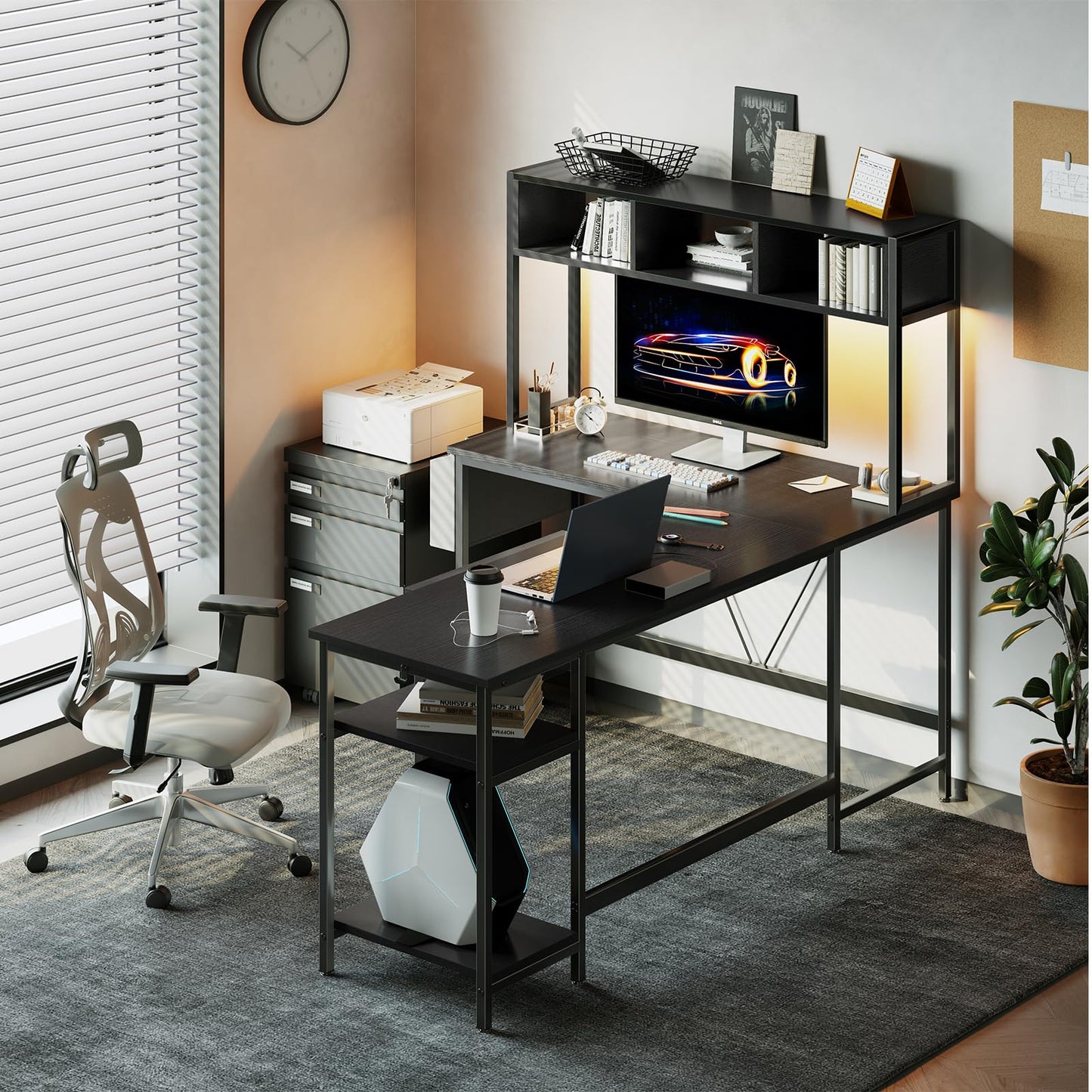 DUMOS 67" L Shaped Gaming Desk, Corner Desk for Compact Spaces with Keyboard Tray & Storage Shelf,Reversible Computer Desk with LED Lighting,Metal Frame PC Gaming Table for Home Office Bedroom, Black