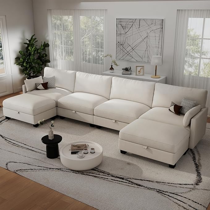 OhaiAura Modular Sectional U Shaped Sofa Couches for Living Room, Cloud Couch with Storage Ottoman, Comfy Chenille Sofa with Pillow, Beige