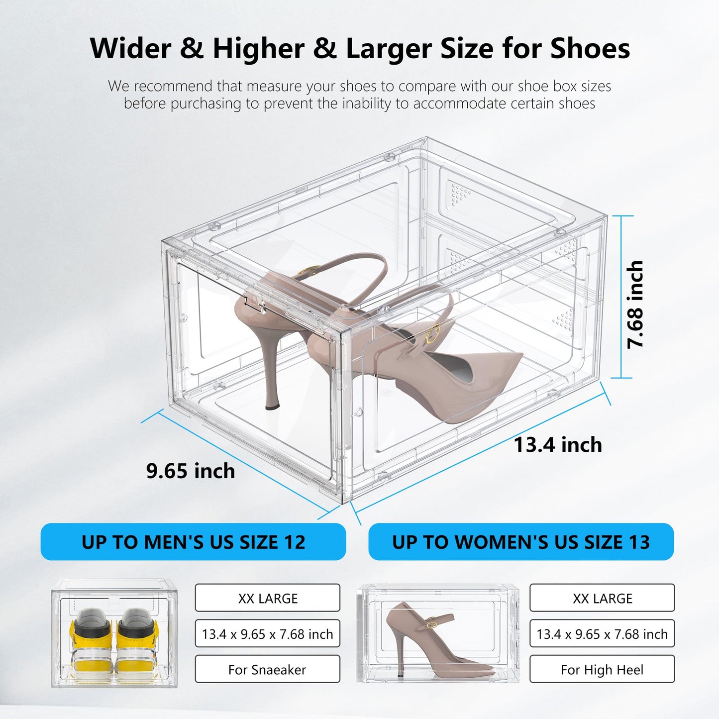 Kjfeoiye 12 Pack Hard Sturdy Thickened Rigid XX Large Shoe Storage Organizer for Closet, Clear Stackable Sneaker Shoe Boxes Rack Containers Display Case Bins with Lids, White