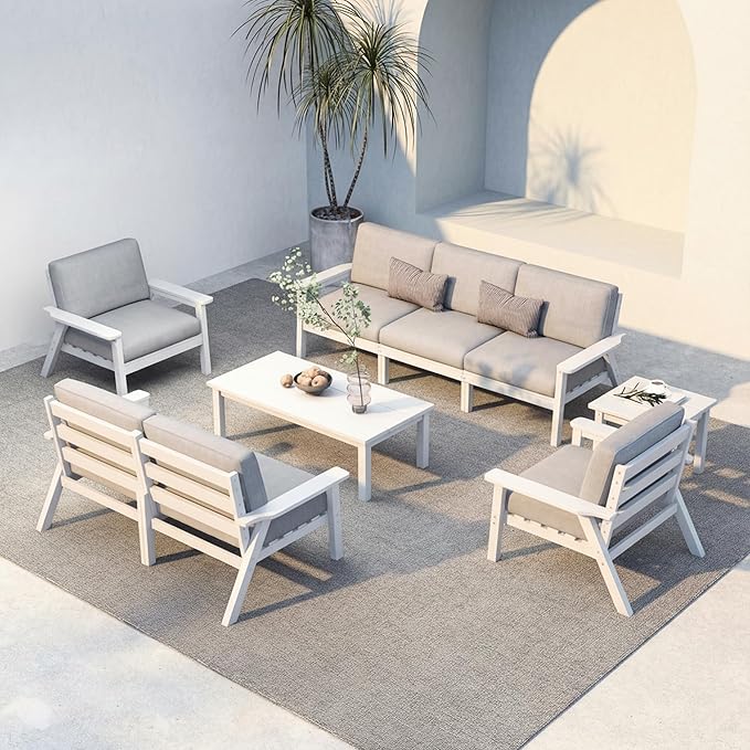 Patio Kingdom HDPE 7 Piece Patio Furniture Set, HDPE Outdoor Sectional with with Gray Thick Cushions, Coffee Table and Side Table, Patio Conversation Sets for Lawn, Garden, Porch (White Frame)