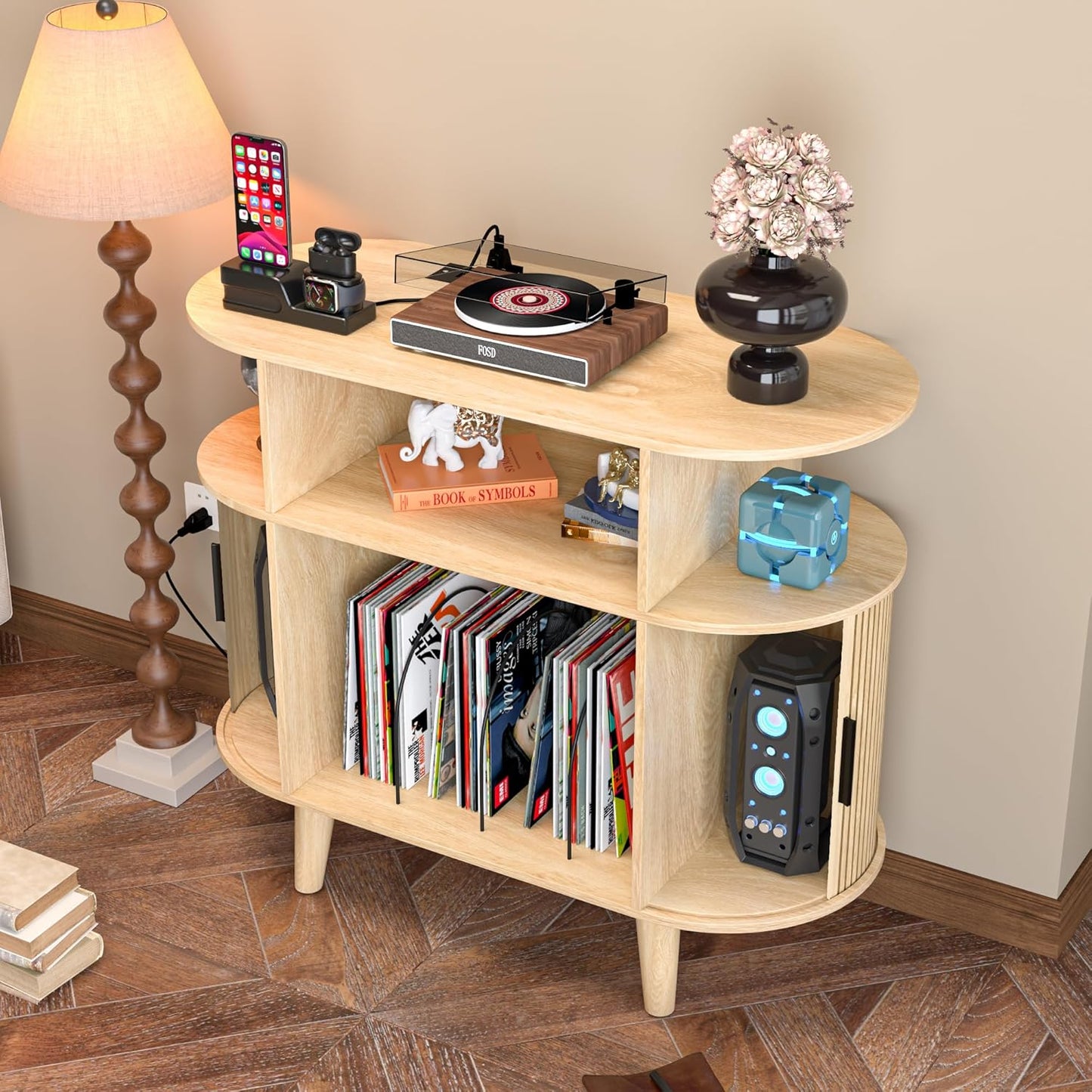 Large Round Record Player Stand with Charging Station & USB Ports，Record Storage Cabinet, Mid Century Modern Turntable Stand for Bedroom Living Room (Small Oak)