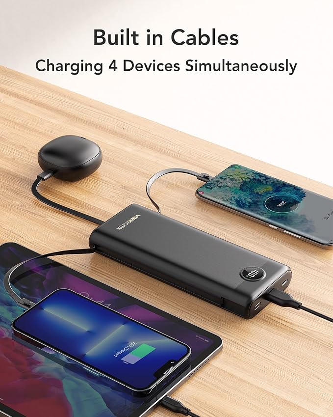 VEEKTOMX Portable Charger,30000mAh Power Bank with Built-in Cable and 22.5W Fast Charging,Travel Camping Essential,for iPhone 17/16/15/14, Android, etc(1 Pack)