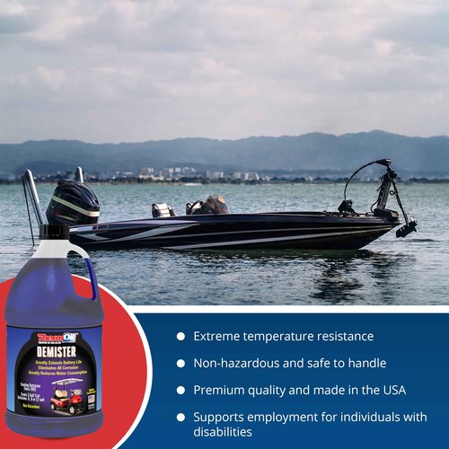 Thermoil® De-Mister Eliminates Golf Cart Corrosion Greatly Extends Battery Life Greatly Reduces Water Consumption & Toxic Fumes Treats Five 6, 8, or 12 Volt Battery. Made in USA, Jug (64 OZ)