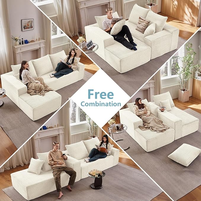 107" W Cloud Sectional Couch with L-Shape Chaise, Modern Corduroy Boneless Couch for Living Room,Memory Foam Sofa with Deep Seat,No Assembly Required (White,Left-Facing Chaise)
