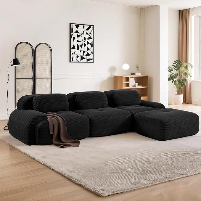 SoarFlash 117" Modern L-Shaped Modular Sectional Sofa for Living Room, Corduroy Upholstery Oversized 3-Seater Couch with Deep Seat and Movable Ottoman-No Assembly, Black