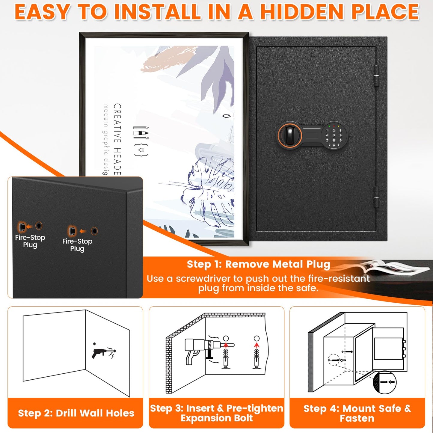2026 35-Min 1700°F Fire Proof Safe for Home Documents, 23.7" Tall 43Lbs Fireproof Safe Box, Alarm System, LED Light, Wall Mount Fire Safe for Closet Bedroom, Safes for Home Use Fire Waterproof