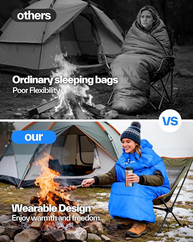 Sportneer 0 Degree Wearable Sleeping Bag for Adults & Kids – Walkable with Arm Zippers, Waterproof & Warm, Compact for Camping, Stadiums, Travel, Backpacking & Car Use