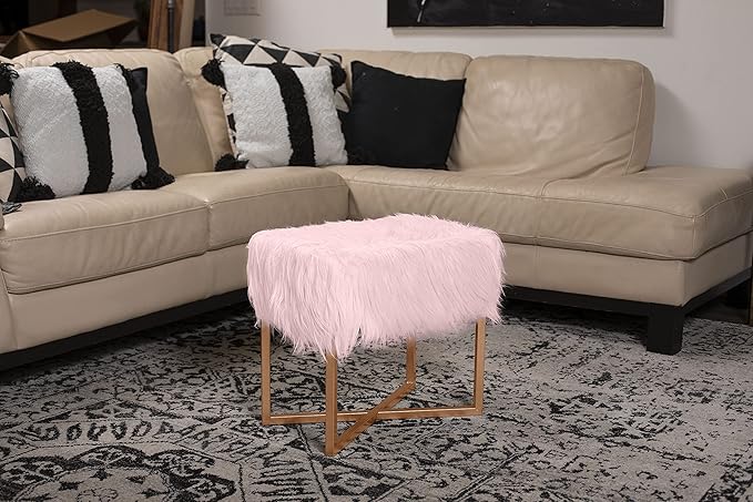 BIRDROCK HOME Rectangular Pink Faux Fur Foot Stool Ottoman with Gold Legs - Vanity Chair - Soft Compact Padded Seat - Bedroom and Kids Room Chair - Metal - Fluffy Makeup Seat Furniture