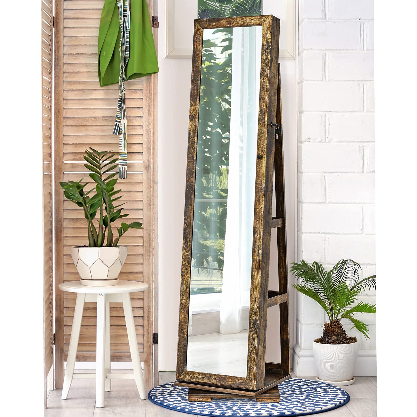 Hysache 360 Rotating Mirrored Jewelry Cabinet, Free Standing Jewelry Armoire, 2-in-1 Lockable Large Capacity Jewelry Organizer w/Full Length Mirror, Inside Makeup Mirror, 78 Ring Slots(CF)