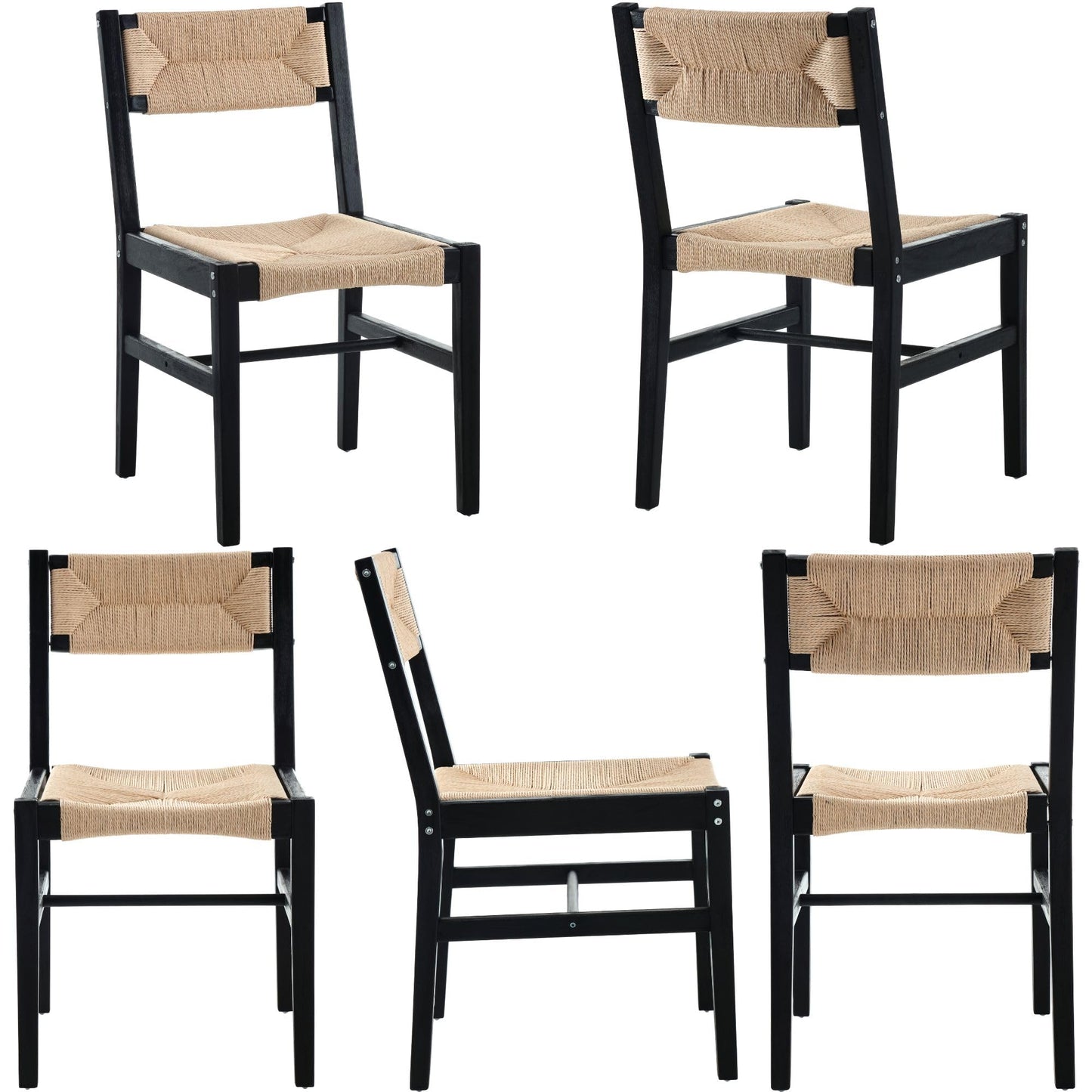 BESTANO Mid Century Modern Weave Rattan Dining Chairs Set of 4, Black Beechwood Farmhouse Boho Dining Room Chairs Wicker Chairs with Back