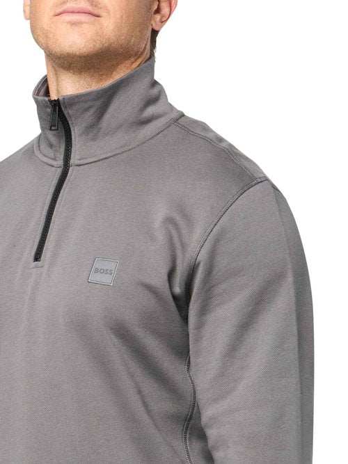 BOSS Patch Logo French Terry Quarter Zip Up Sweatshirt,mushroom grey,S