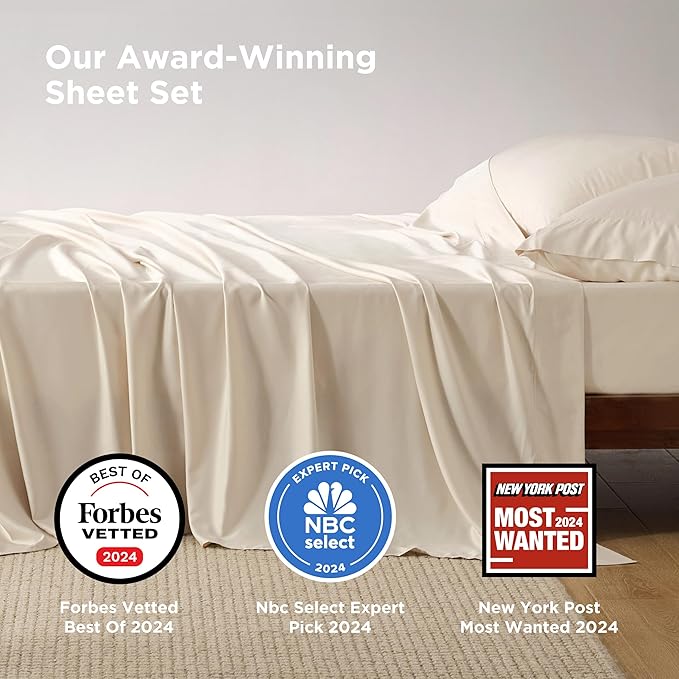 Bedsure California King Sheet Sets, Cooling Sheets, Rayon Derived from Bamboo, Breathable & Soft, Deep Pocket Up to 16 Inches, Hotel Luxury Silky Bedding for Hot Sleepers, Light Beige
