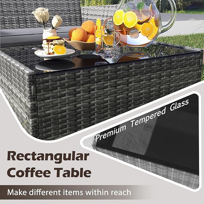 RELAX4LIFE 8-Piece Patio Furniture Set - Rattan Outdoor Conversation Bistro Set w/Cushions, Glass Coffee Table, Wicker Chairs & Loveseat for Garden Backyard Porch, Balcony Furniture Set (2, Mix Grey)