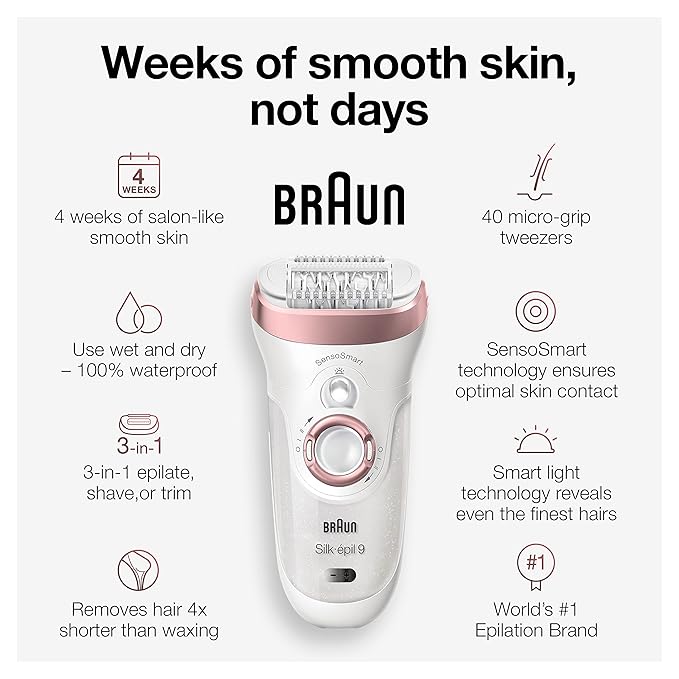 Braun Epilator Silk-épil 9 9-880, Facial Hair Removal for Women, Hair Removal Device, Wet & Dry, Facial Cleansing Brush, Women Shaver & Trimmer, Cordless, Rechargeable, Beauty Kit