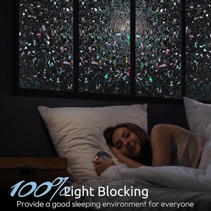rabbitgoo Window Privacy Film Rainbow Film Decorative Window Sticker, 3D Static Stained Glass Cling Tint for Room Darkening Day Sleep, Black, 35.4 x 157.4 inches
