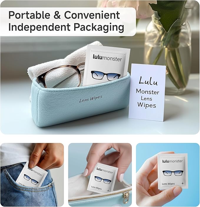 Lens Cleaning Wipes for Eyeglasses Lulumonster, [Pre-Moistened Individually Wrapped Wipes] [Non-Scratching & Non-Streaking] Cleaner Wipes for Glasses, Sunglass, Phone Screen Camera Lens, Goggles (150)