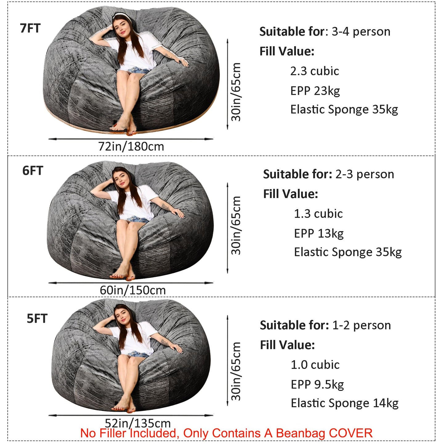 FANNIEHOME Big Beanbag Chair for Adults and Kids No Filling Comfy Cover for Lazy Sofa Bedroom Floor Chair, Dark Grey, 7FT
