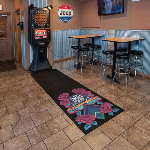 PIG Rose & Bone Design Self-Sticking Dart Mat – Official Soft & Steel Tip Throwlines - Black – 3’ x 10’ – PM70151