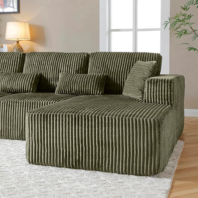 Vanress 110" Cloud Couch Sectional, Corduroy Boneless Couch with L-Shape Chaise,Modern Modular Sectional Sofa Comfy Deep Seat for Living Room, Bedroom, No Assembly (Green, Right Facing Chaise)