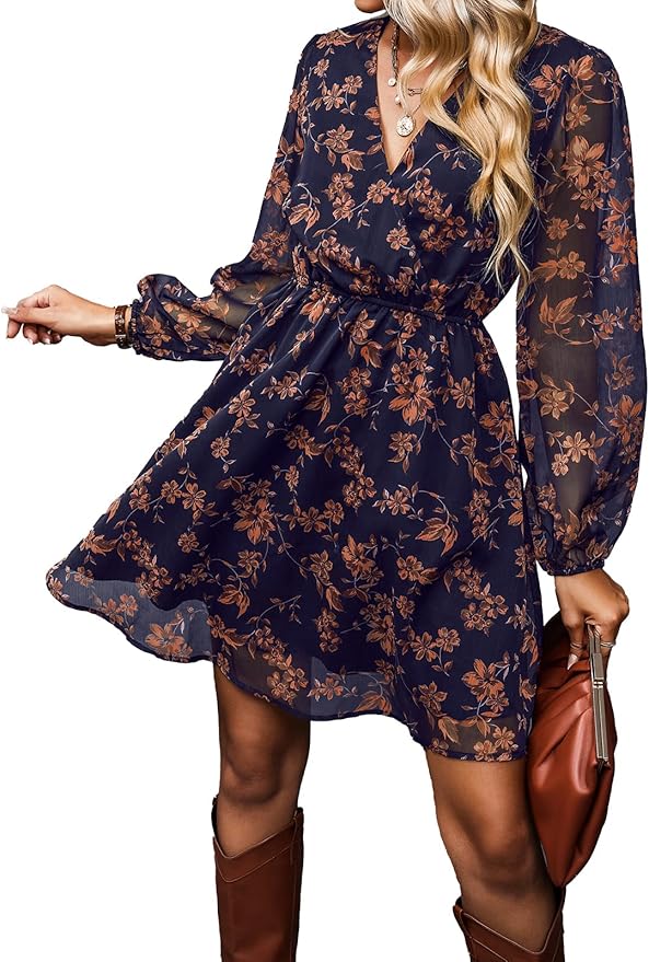CUPSHE Women's Mini Dresses Casual Spring V Neck Chiffon Long Peasant Sleeves Flowy Autumn Dress
