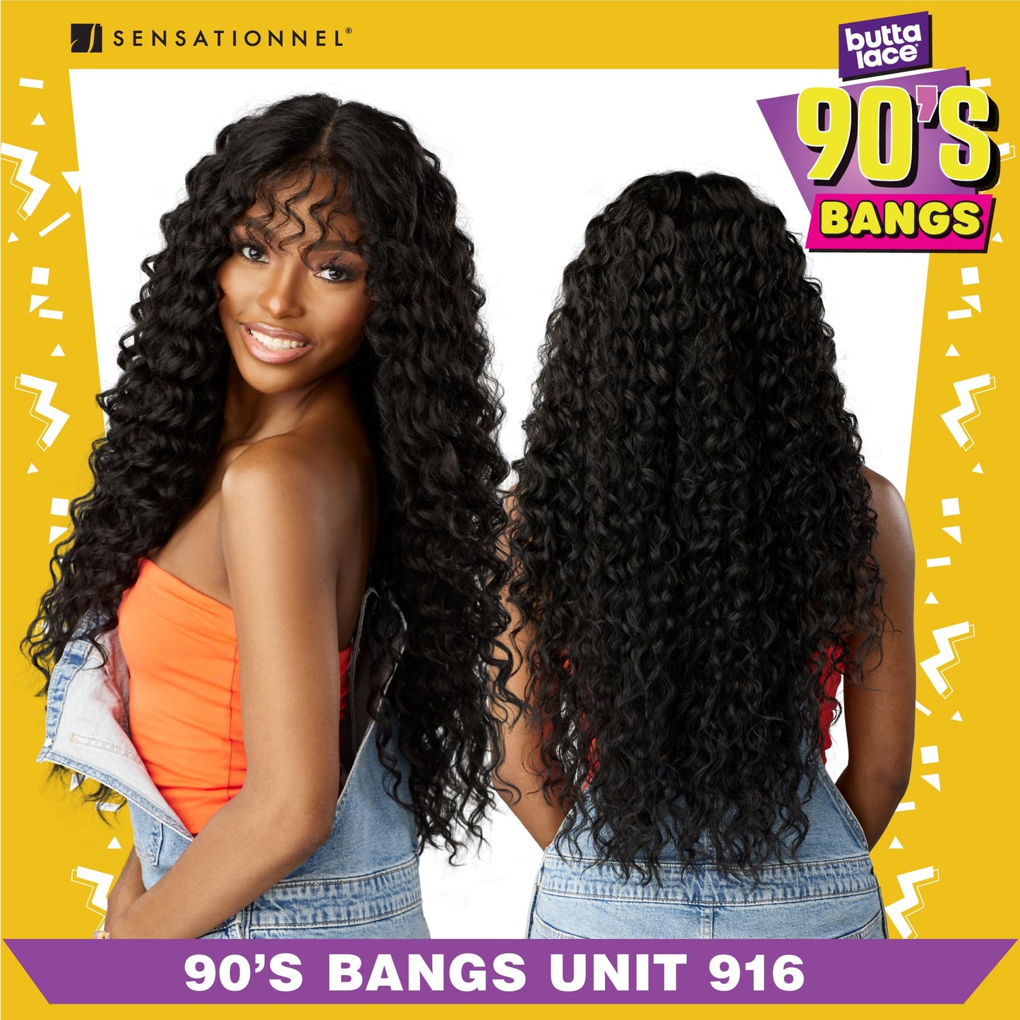 Sensationnel Butta Lace 90Sbangs Wigs - Unit 916 Glueless Wide Deep Center Part Synthetic Preplucked Hairline (1 JETBLACK)
