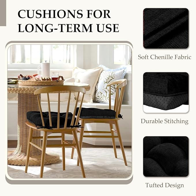 HARBOREST Chair Cushions for Dining Chairs Set of 4 - Chenille Tufted Kitchen Chair Cushions with Ties and Non-Slip Bottom, Foam Chair Pads for Dining Chairs, 17" x 17", Black