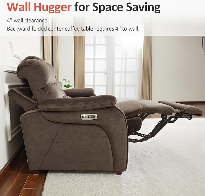 MCombo 87.2'' Wall Hugger Power Recliner Sofa with Drop Down Table, Reclining Sofa with Adjustable Headrest, USB Charge Ports, Reading Lamp, for Living Room, RVs, Fabric, ST258M3 (3-Seater, Coffee)