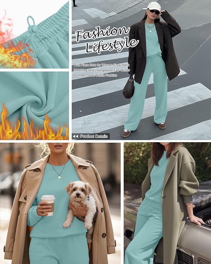 Sweetyweee Women's 2 Piece Outfits Set Fleece Lined Lounge Sweatsuit Crewneck Pullover Top Wide Leg Pants Casual Tracksuit