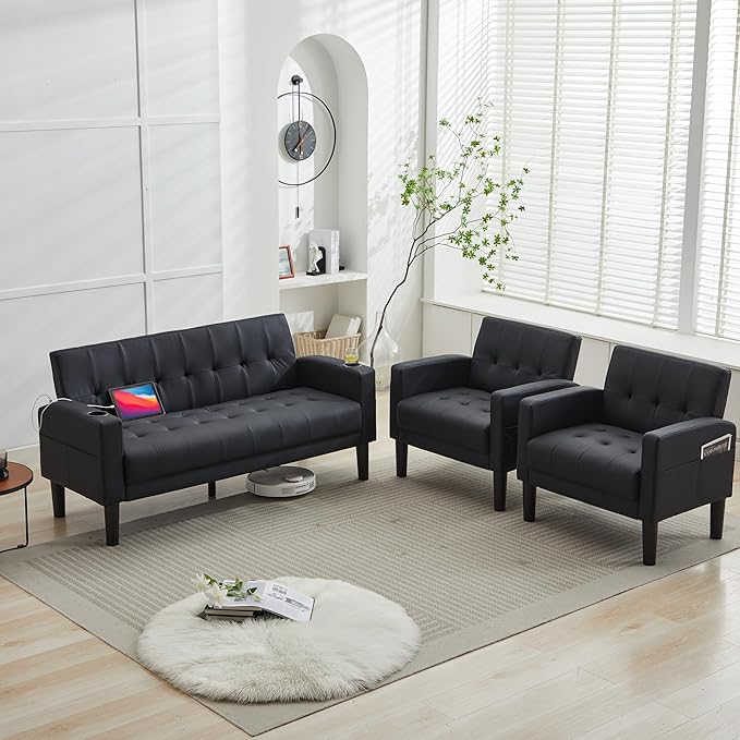 TYBOATLE Sofa Couch 62" W Loveseat w/ 2 USB Charger Ports & 2 Cupholders, Mid-Century Modern Tufted Small Love Seat Couches for Office, Living Room,Bedroom,Apartment,Dorm (3, Black)