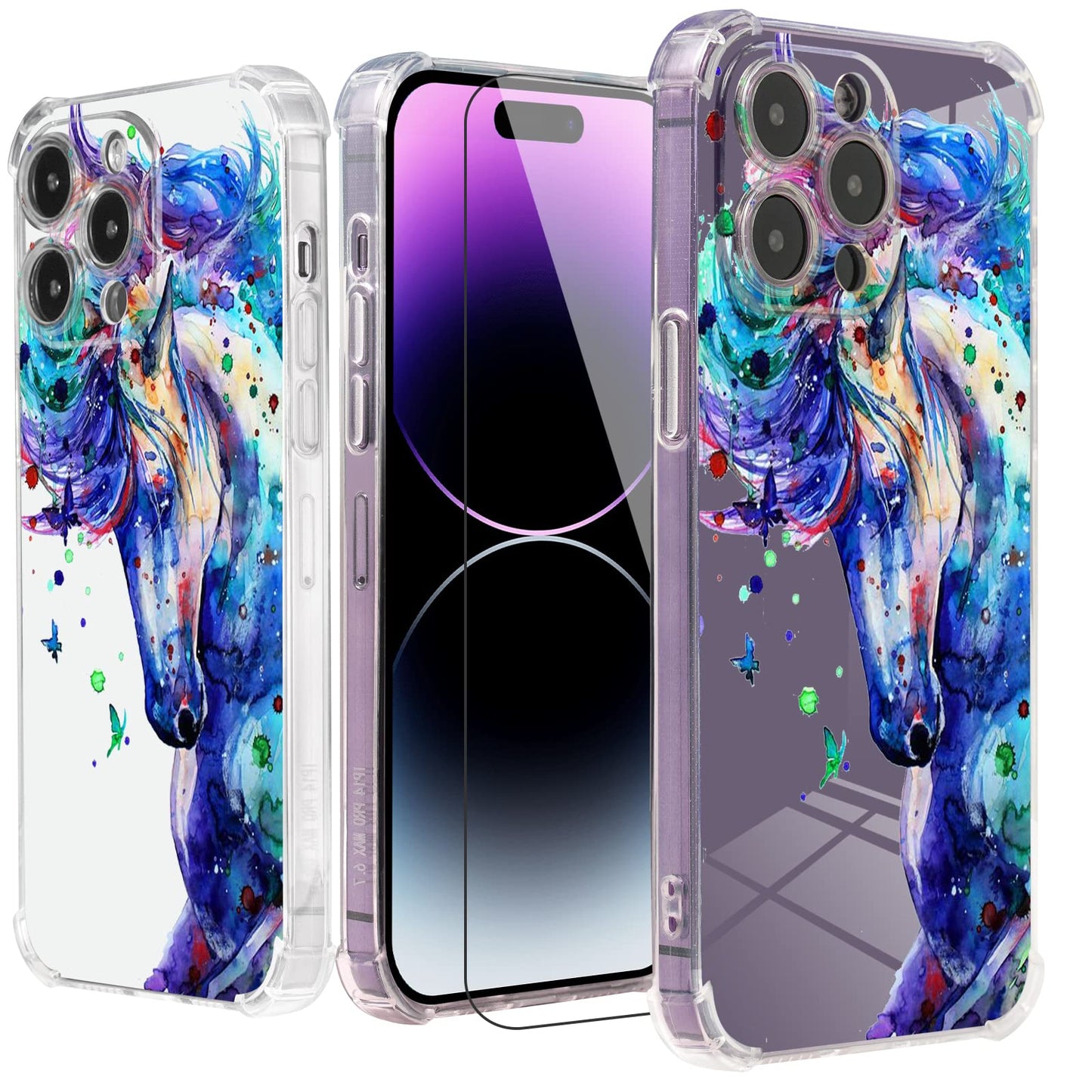 Roemary Purple Case For Iphone 7/8/Se 2020 With Blue Horse Design,Watercolor Pattern With Screen Protector [Buffertech 6.6 Ft Dr