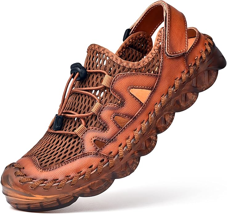 Qiucdzi Mens Closed Toe Sandals, Sport Sandals Casual Leather Handmade Sandals Adjustable Fisherman Beach Sandals For Outd...
