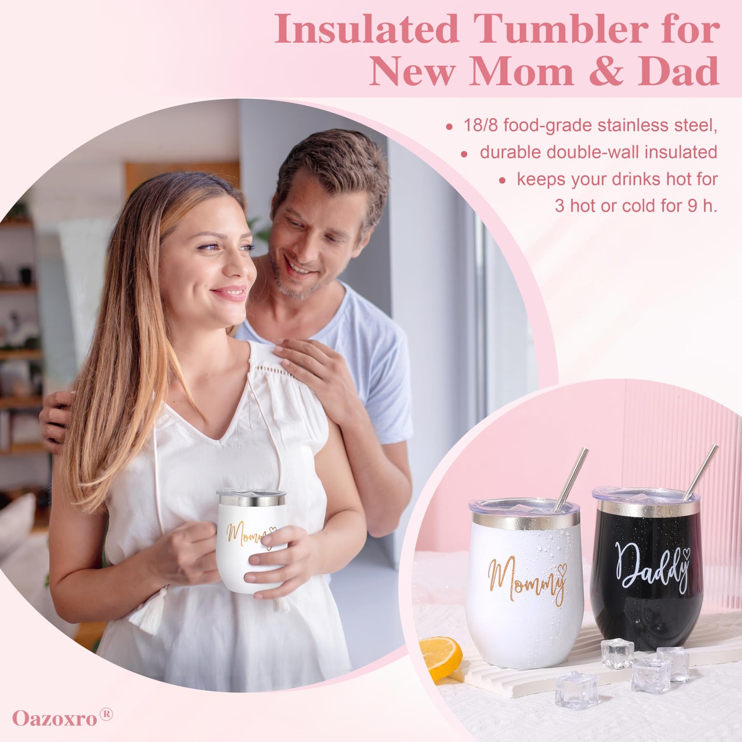 Oazoxro New Mom Gifts for Women, Pregnancy Gift for New Parents Gender Reveal Gifts with Mom and Dad Tumbler Set for First Time Moms