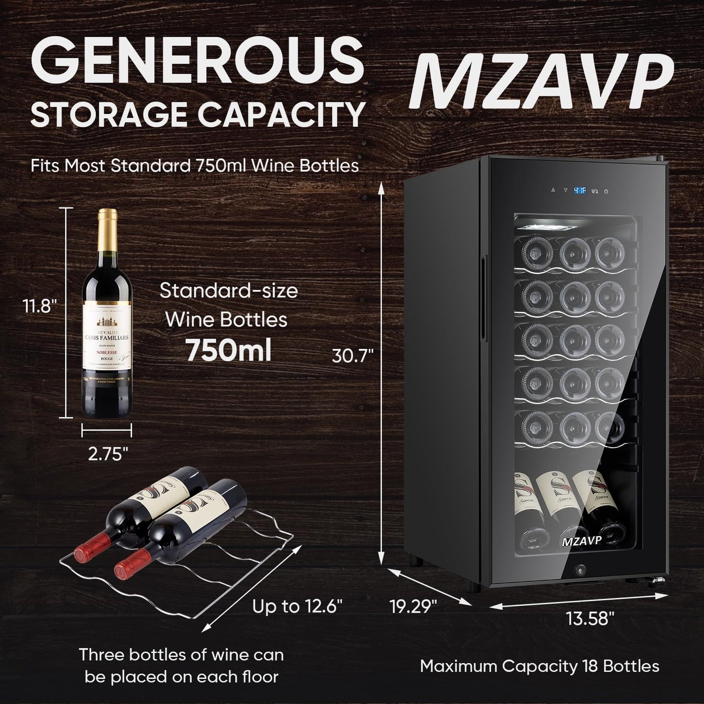MZAVP Mini Wine Fridge-Black, 18 Bottles Low Noise Compressor Wine Cooler, Freestanding Wine Cellar with Glass Door and Digital Temperature Control, 14 Inch Wine Refrigerator for Bar, Home & Office