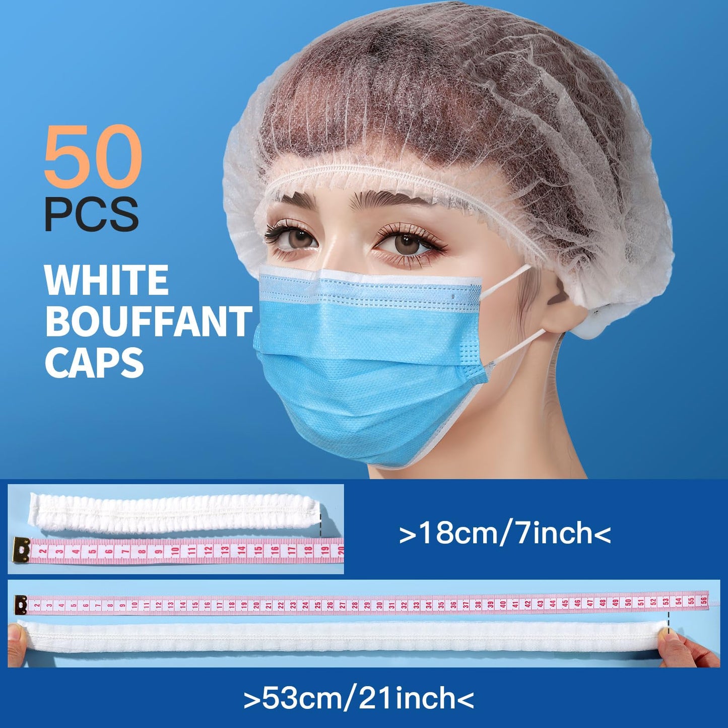 LEOBRO Hair Net, Hair Nets for Food Service Workers, 50PCS Hairnets for Foodservice, Kitchen Hair Nets for Women Men Cooking, Non-woven Bouffant Caps, Disposable Hair Cap Hair Cover, White, 21 Inch