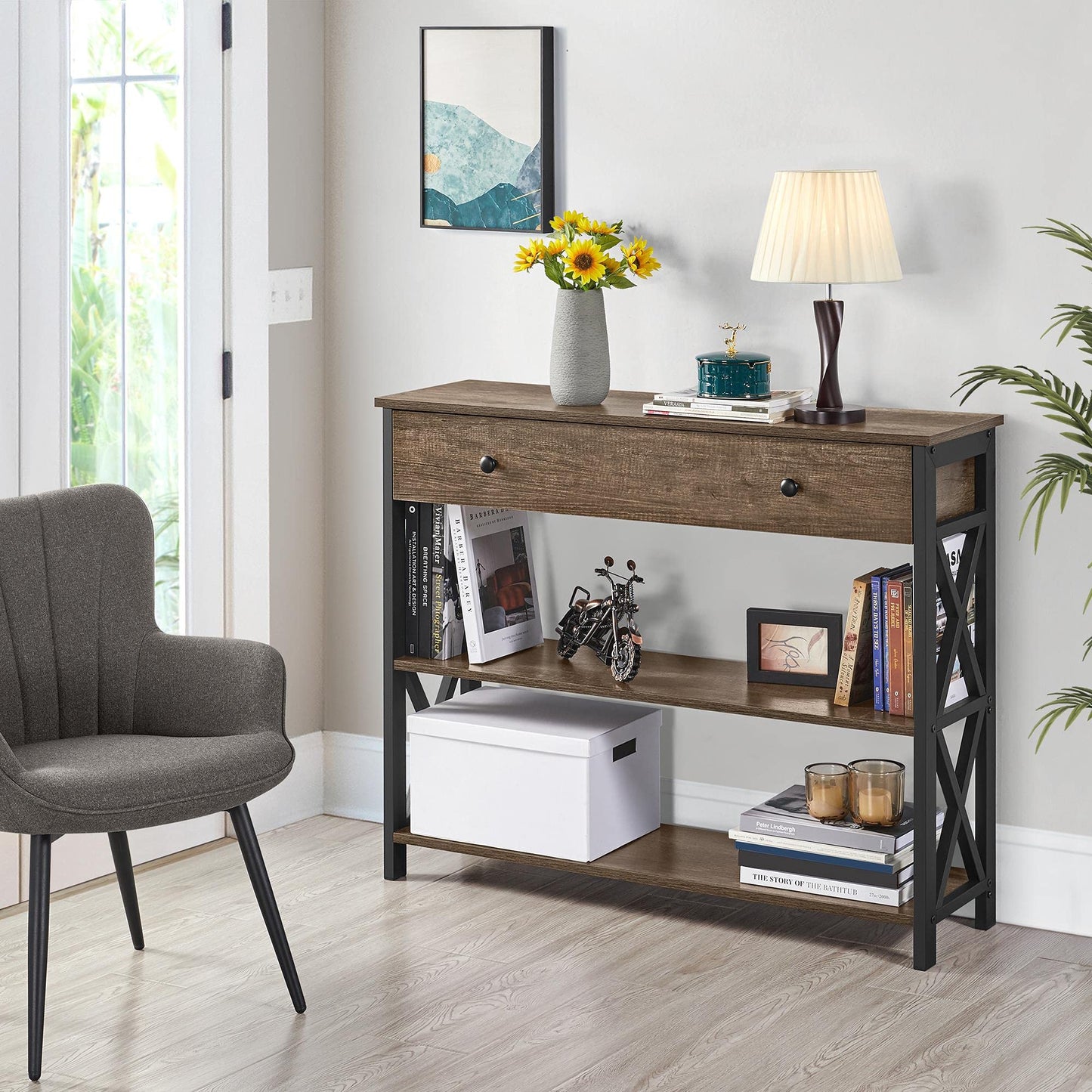 Yaheetech Console Table with Drawer and 2 Open Storage Shelves, Sofa Table for Living Room, 3-Tier Narrow Entryway Table, X-Shaped Design, Taupe Wood