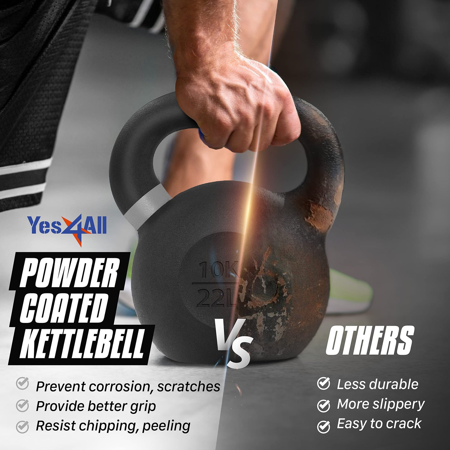 Yes4All Powder Coated Kettlebell, 9 lb Cast Iron Core Kettlebells with Non-Slip Handle & Flat Bottom for Conditioning, Heavy Duty for Strength Training - Single, White