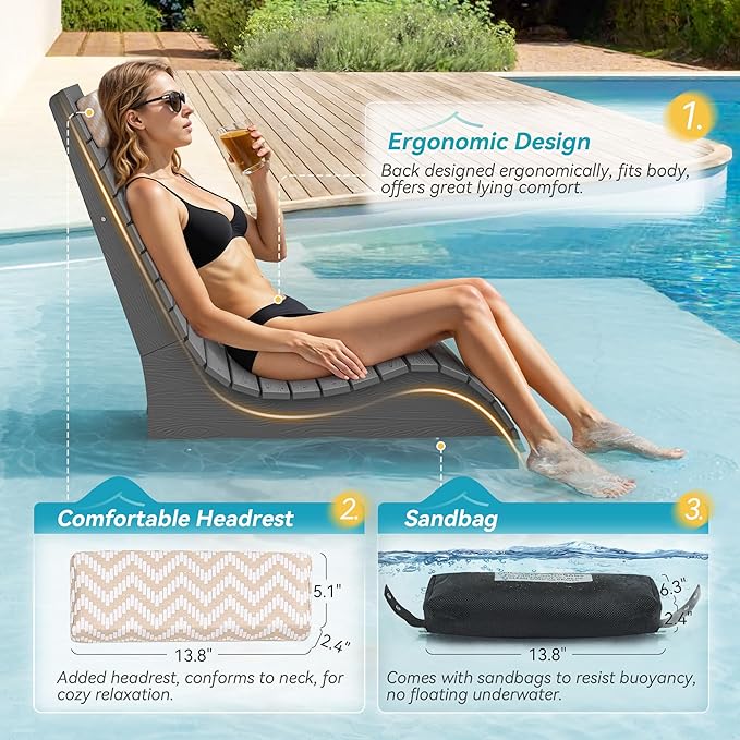 Homenjoy Pool Lounge Chairs Set of 4, Use in Pools Lounge Chairs up to 10-Inches of Water, Chaise Chairs with Headrest, Lounge Chair Outdoor, Fade-Resistant Pool Lounger for Deck