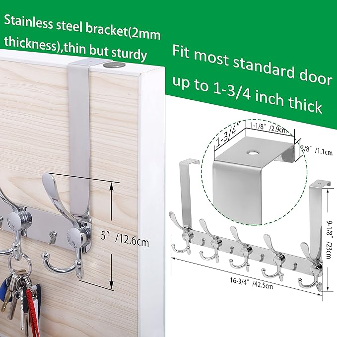 WEBI Over The Door Hook Door Hanger Hook Rack with 5 Tri Hooks for Hanging Coats, Over Door Towel Rack Door Coat Towel Hanger Over Door Coat Rack,Silver,2 Packs