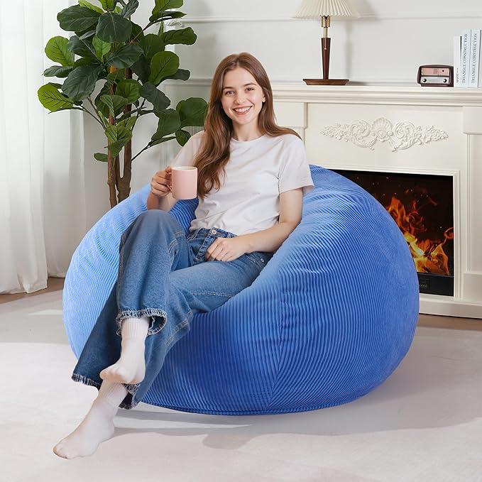 Homguava 3.5FT Bean Bag Chair: Teardrop Bean Bags with Memory Foam Filled, Compact Beanbag Chairs Soft Sofa with Corduroy Cover (Blue)