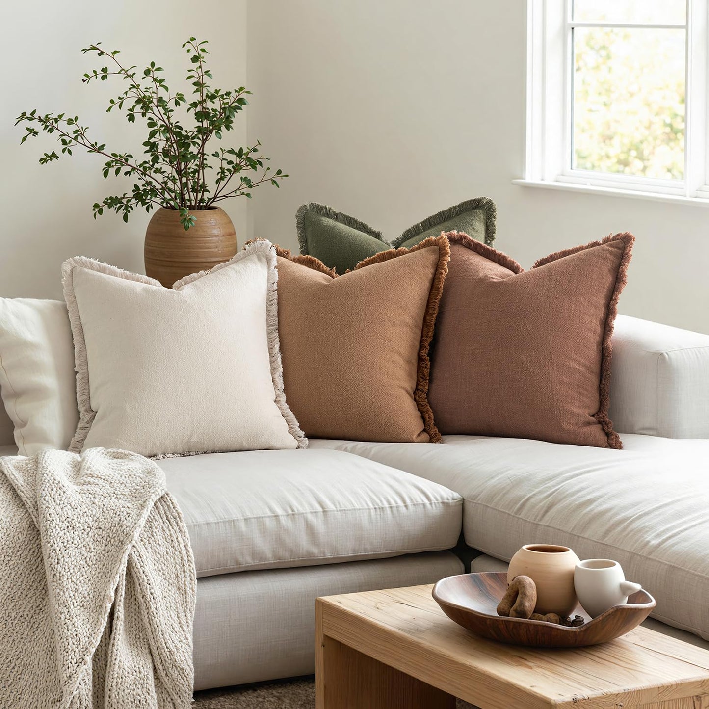 MIULEE Decorative Couch Pillow Covers Neutral Linen Fringe Throw Pillows Set of 4 Soft Rustic Cushions Boho Farmhouse Pillowcases for Bed Sofa Living Room Home Decor 18x18 Inch Beige/Brown/Green