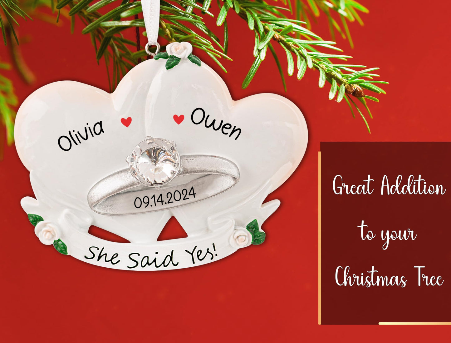UniqXmas Personalized Our First Christmas Engaged Ornament 2025 | Customized Engagement Hearts Ornament with Diamond Ring | Just Proposed Fiance Newly Couple Custom Keepsake Gift for Xmas Tree