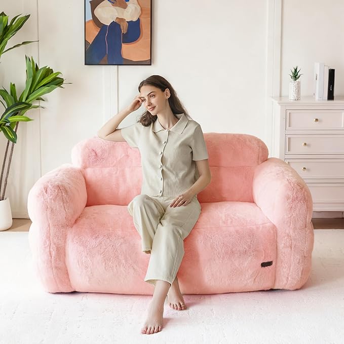 MAXYOYO Giant Bean Bag Chair for Adults, Ultra Soft Fluffy Loveseat Bean Bag Sofa, Oversized Floor Sofa for Living Room Bedroom, Cozy Reading Chair with Filler, Pink