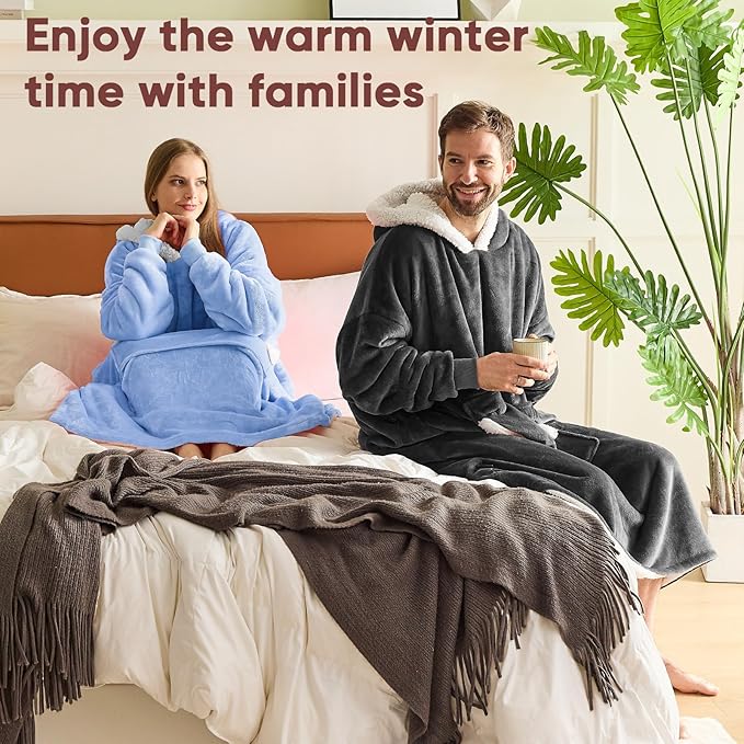 yescool Wearable Blanket Hoodie, Flannel Sherpa Fleece Blanket Sweatshirt for Adults Women Men,One Size Fits All