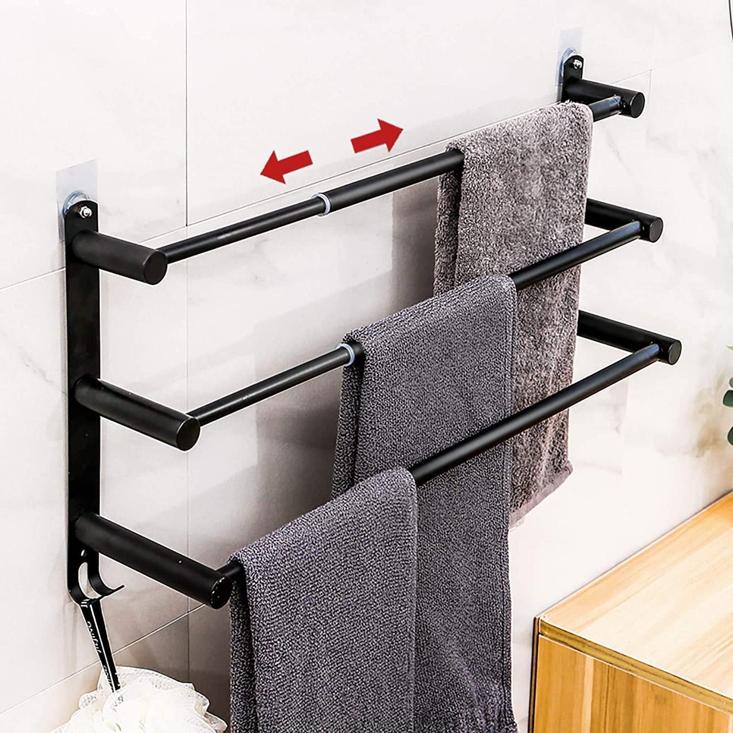 Black Adjustable Towel Bar for Bathroom Wall Mount17-30.7inch Adhesive Shower Towel Rack Stainless Steel Bath Towel Holders for Toilet Kitchen Double Towel Hanger (Black 3 Bar)