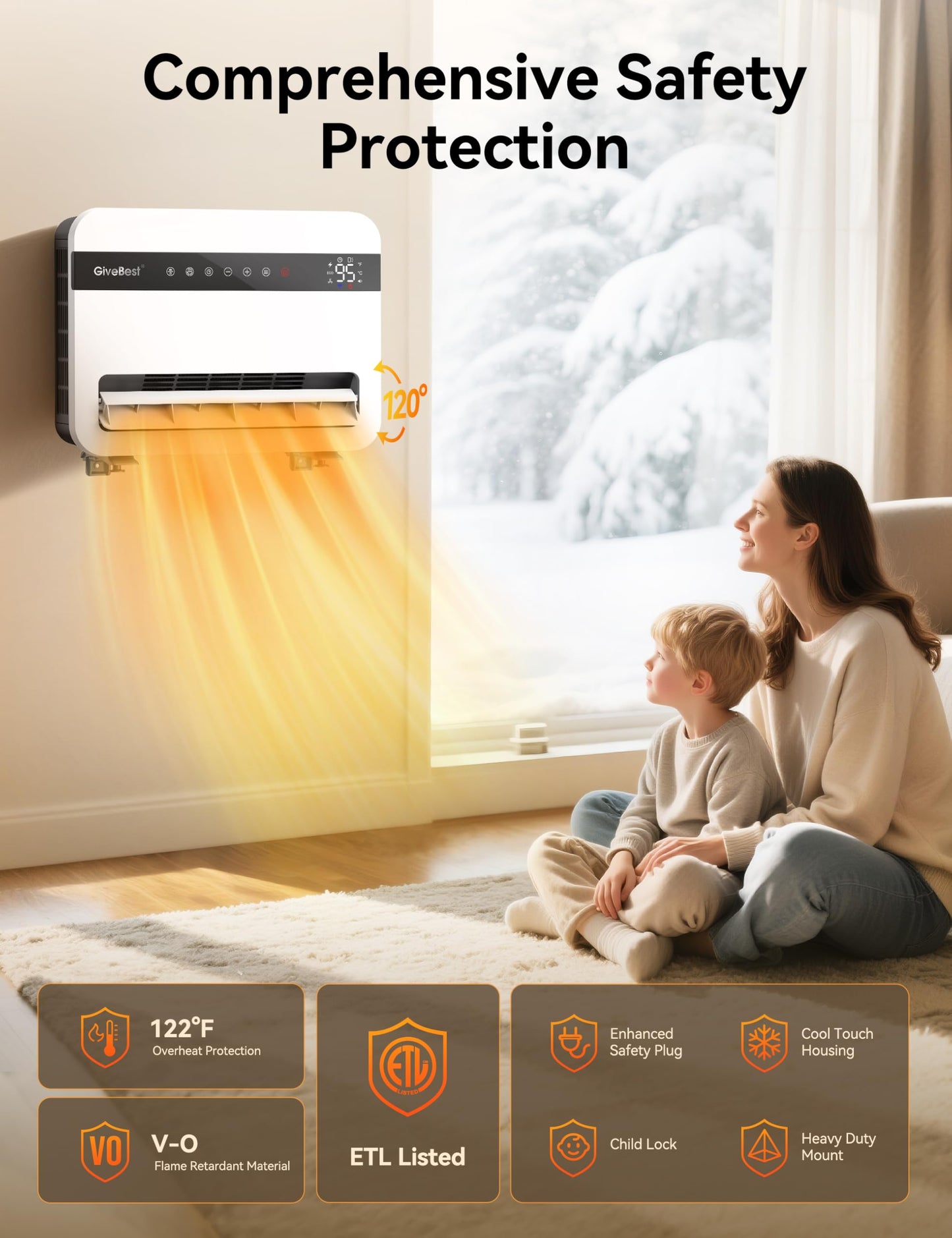 Givebest-Wall-Heater-for-Indoor-Use, 1500W Electric-Space-Heater, 120°Vertical Oscillation,Compatible with Alexa, Adjustable Thermostat, Remote Control, 24H Timer, Easy-mounted Heater for Indoor Use