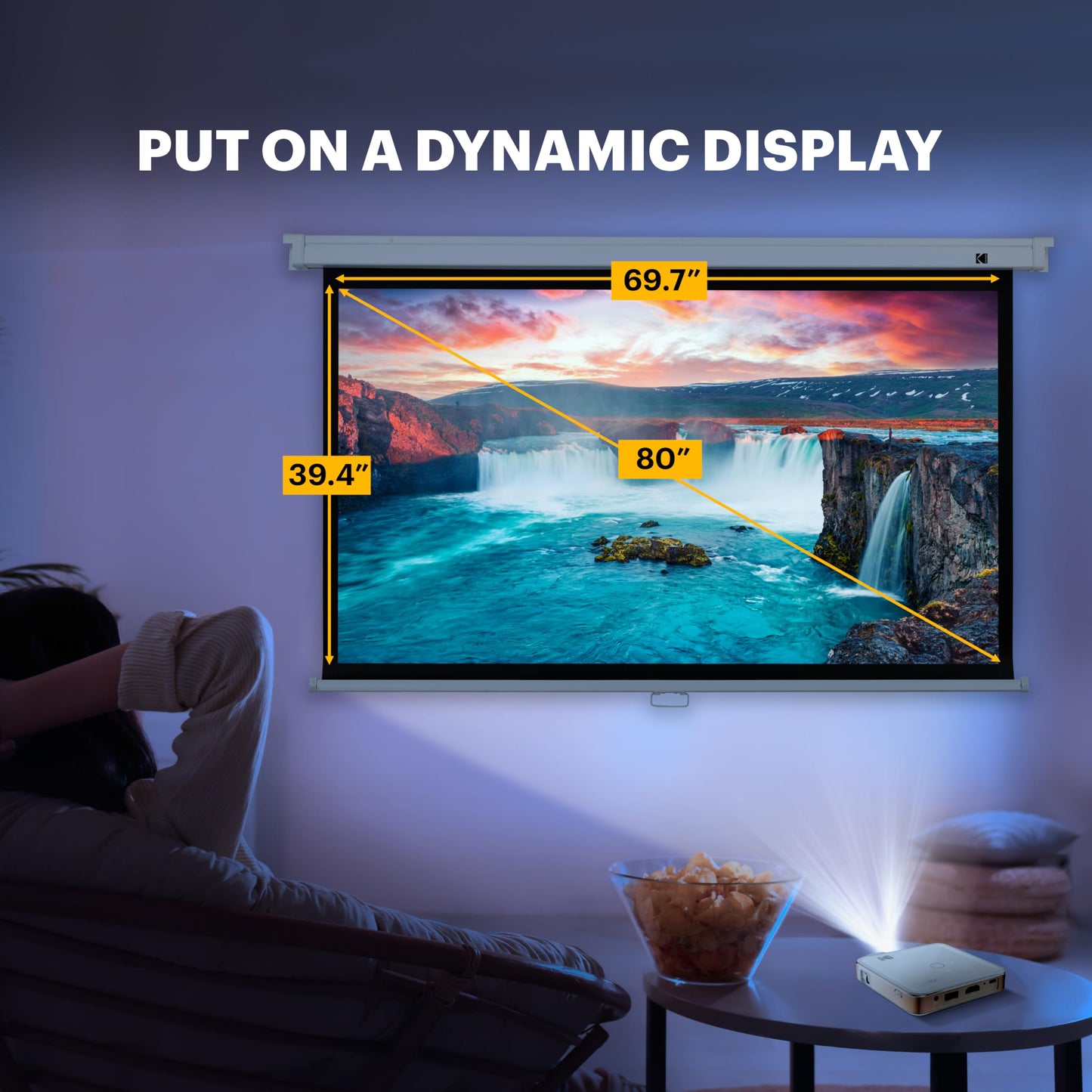 Kodak Manual Pull-Down White Projector Screen 80" Inch | Large 16:9 Office, Home Movie Theater Screen with Wall & Ceiling Mount Options, Easy-Clean Matte Fabric & Retractable Hanging Design | Indoor.